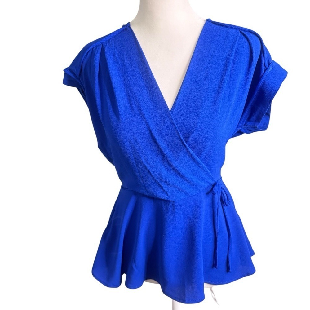 Monteau Blouse Women Medium Blue Excellent Wrap Peplum Short Sleeve Cuffed Top